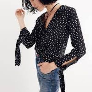 Madewell Silk Star Scatter Tie-Sleeve Black Shirt White Stars 2/3 sleeve Sz. XS